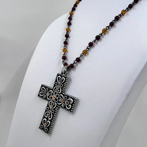 NWT - Nine West - Jeweled Heart Cross Silver Tone Red & Yellow Beaded 14” Choker - Picture 3 of 8